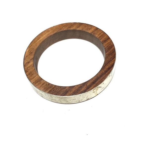 Bracelet Bangle Vintage Modernist Wood Silver Tone Metal 8” Estate - Picture 10 of 10